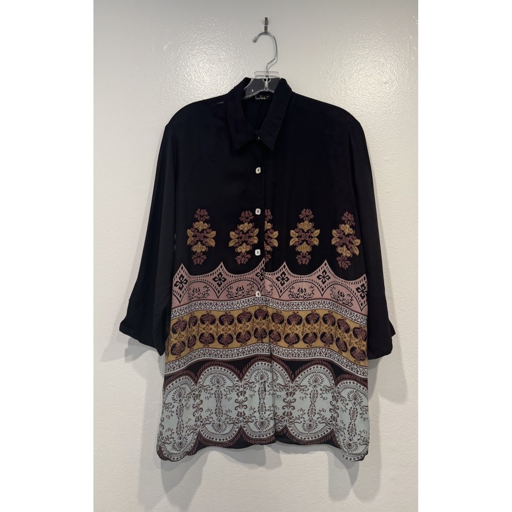 Loco Lindo Blouse Womens Size Medium Button Front Black Bohemian Moroccan Artsy